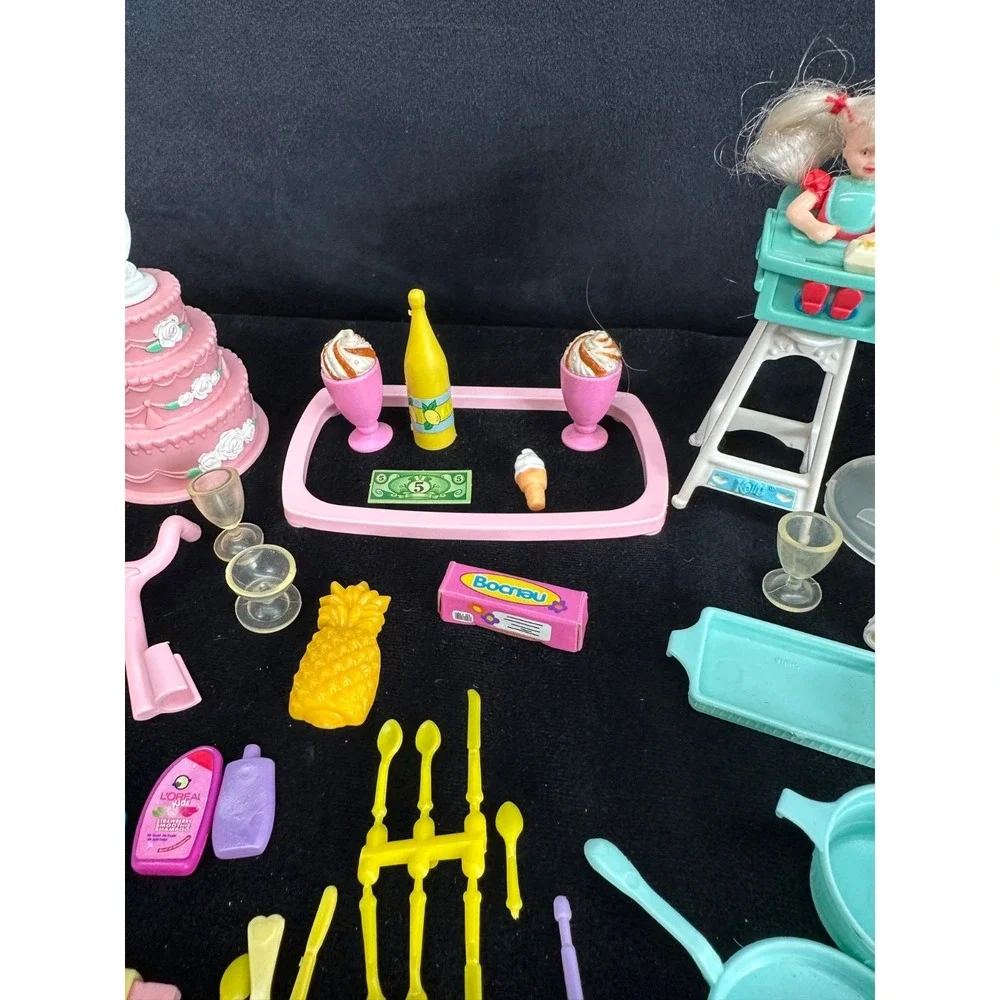 Vintage Dollhouse Accessory Lot Barbie Food Dishes Cups Plates Fire Pit Cake
